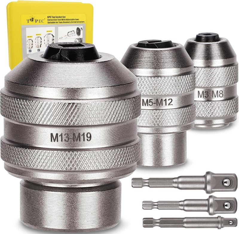 Topec Tap Sockets, 6-Piece Tap Socket Set, Extraction Tool, CR-MO Steel, Adjustable Handle with Metric M3-M19 Sockets & 1/4"-3/8"-1/2 Imperial Adapters - Image 1